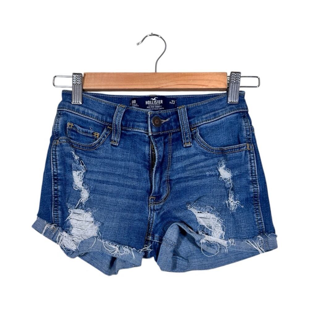Hollister Blue Mid Rise Jean Shorts Womens 23 3in Denim Distressed Summer Beachy